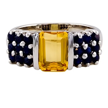 9ct White Gold Citrine/Sapphire Band Ring Size N